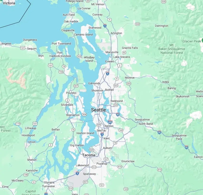 ap of Seattle and surrounding areas, highlighting major cities, highways, and geographical features including Puget Sound and nearby islands.
