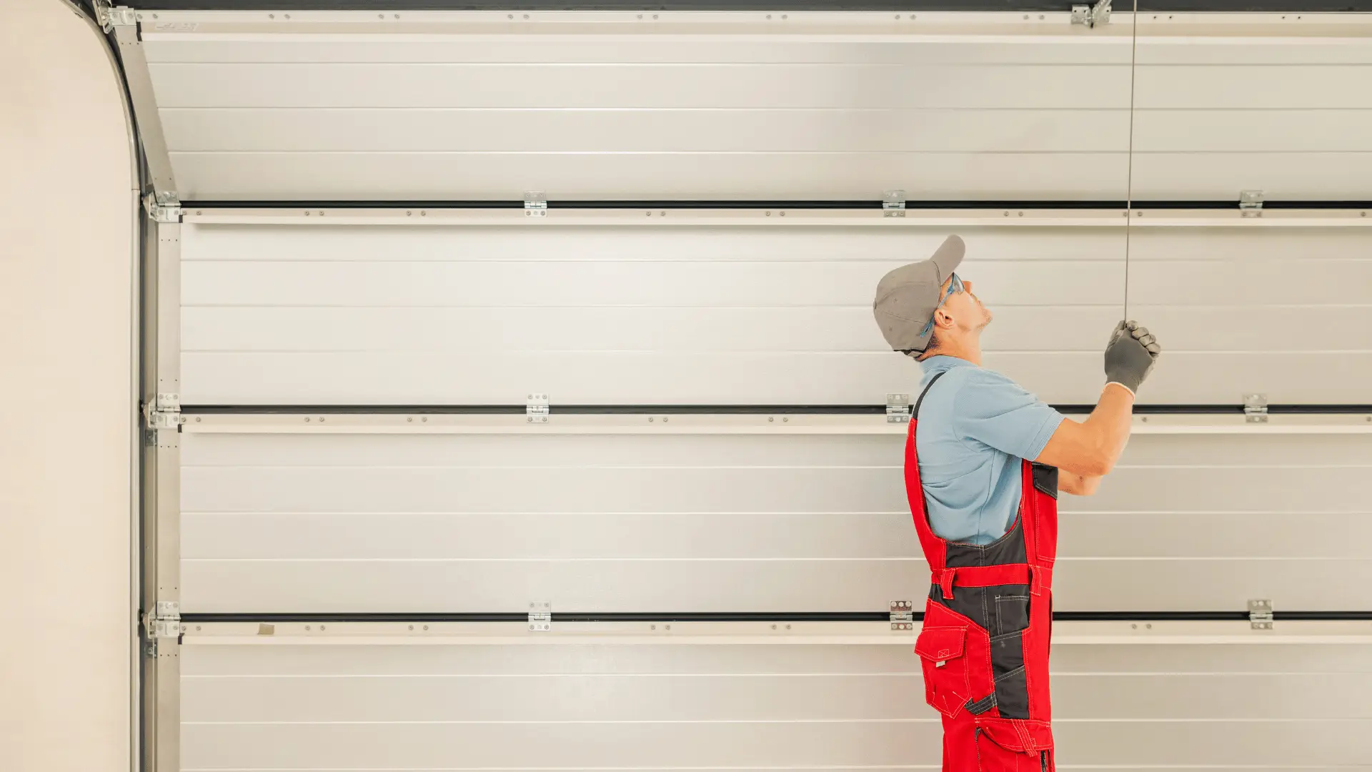 Technician inspecting a white garage door opener chain
