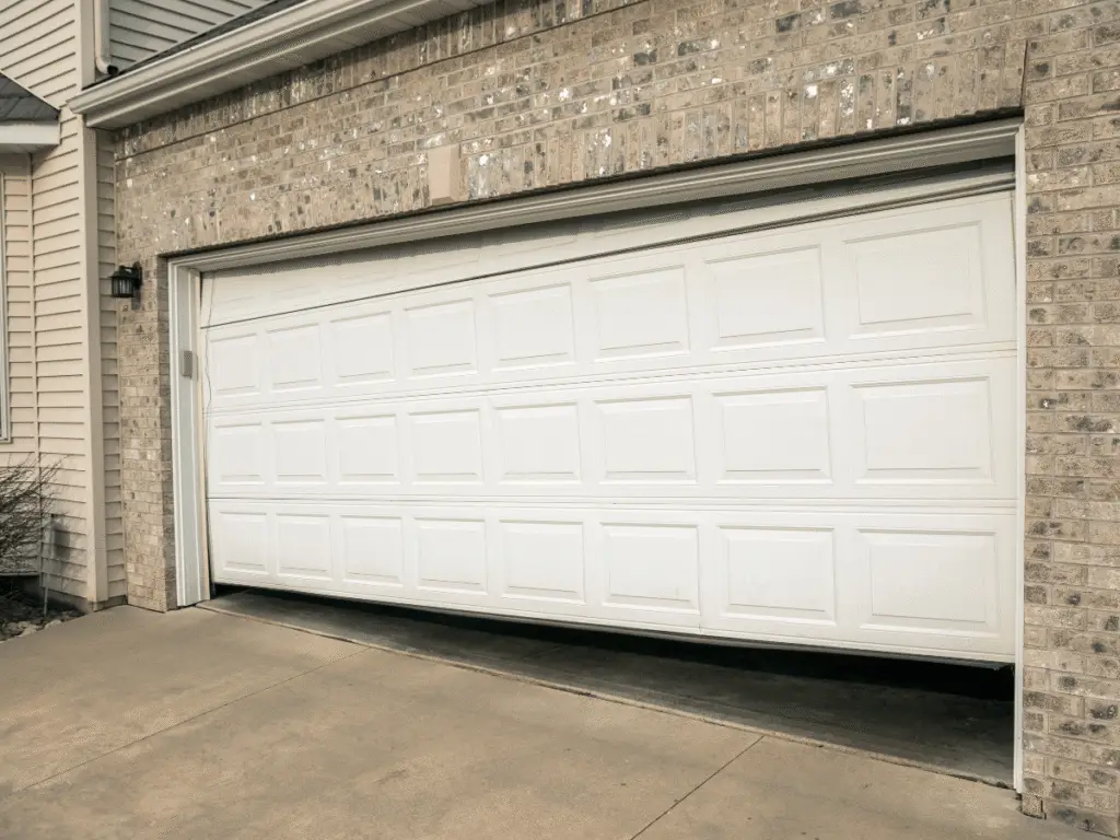 White residential garage door on a brick house, possibly off its track.