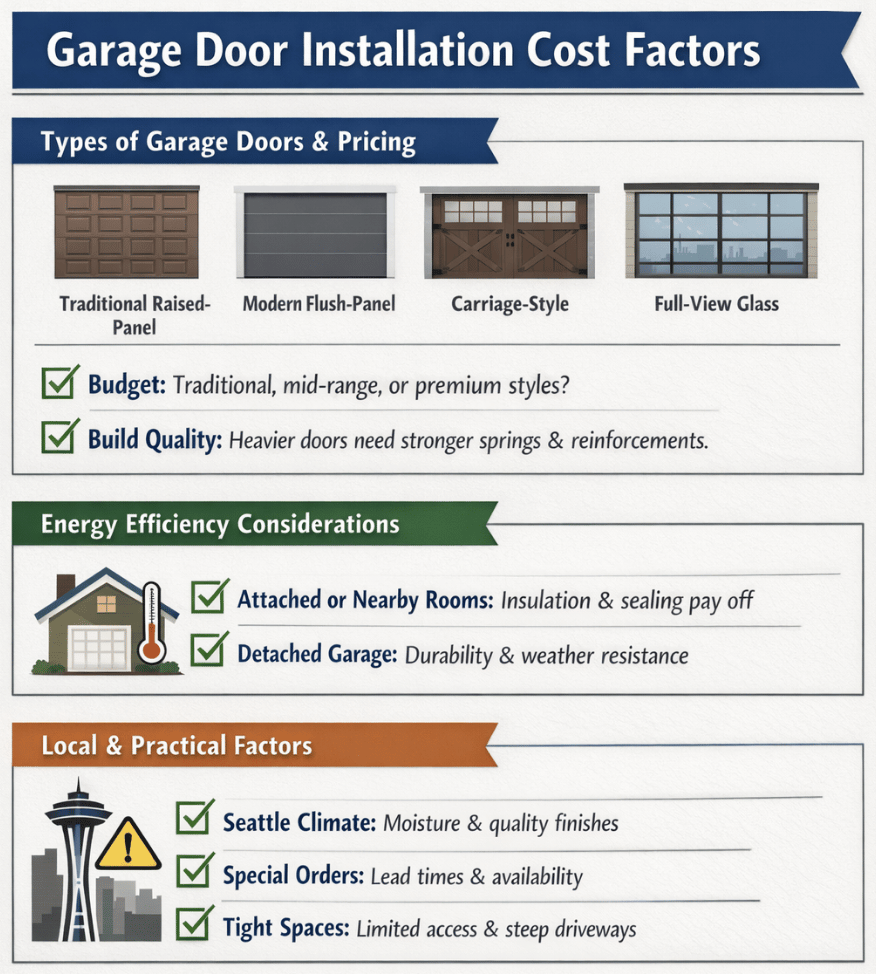Infographic detailing factors affecting garage door installation costs.