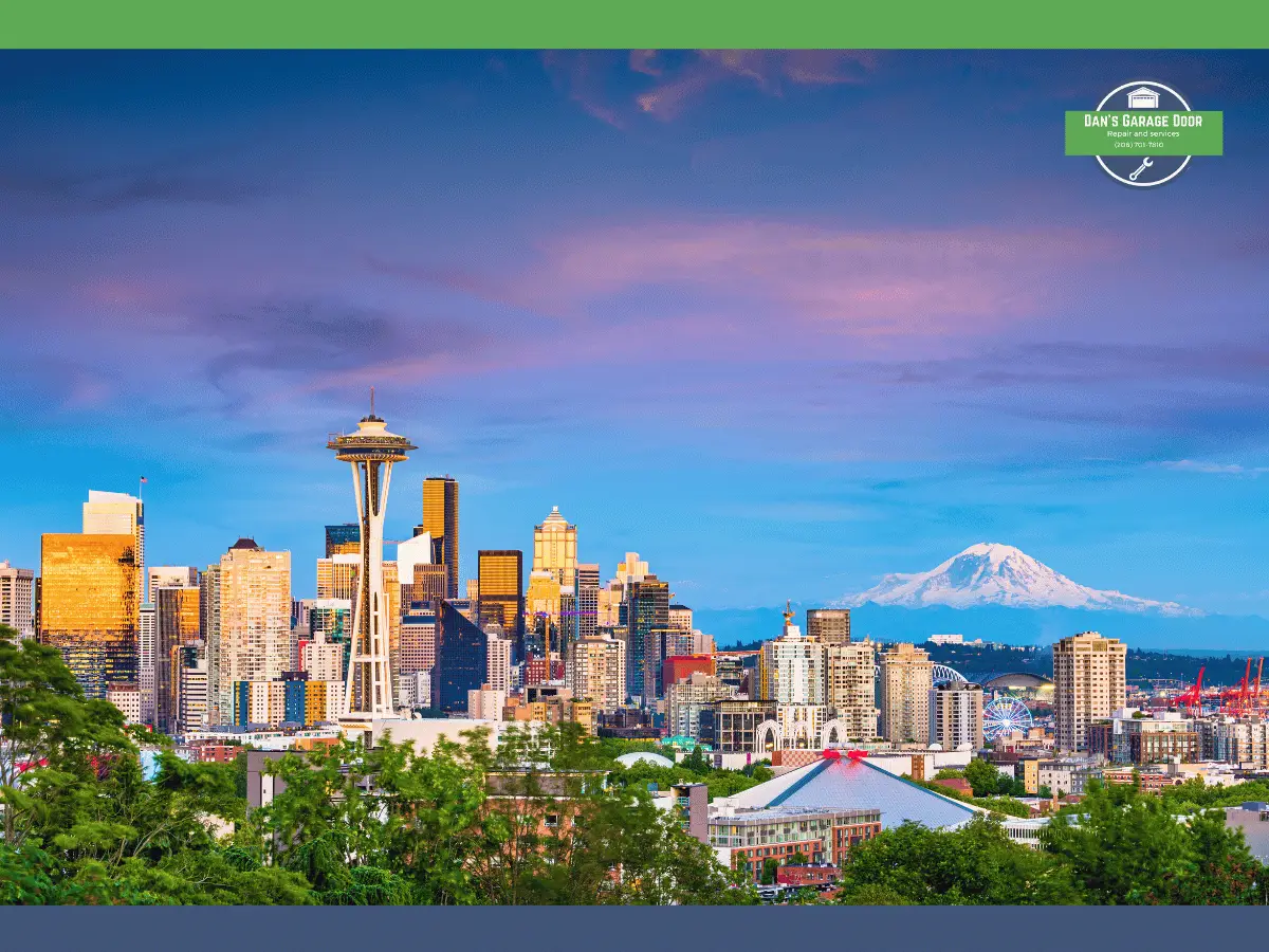 Seattle skyline with the Space Needle and Mount Rainier, Dan's Garage Door logo at top right