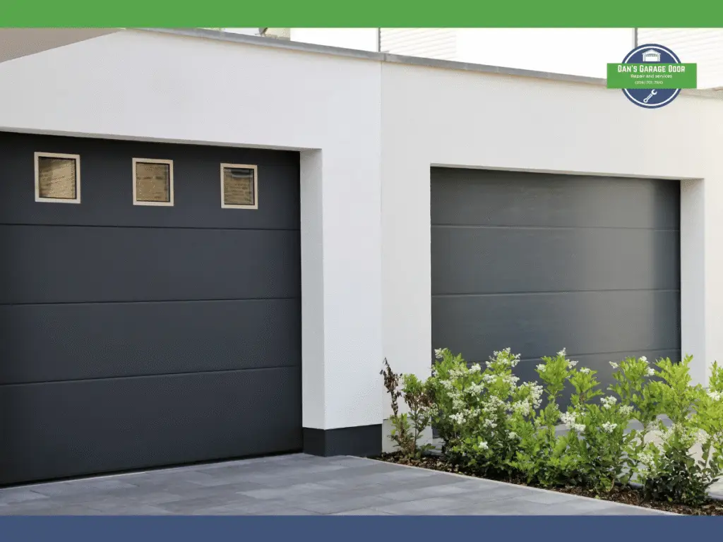 Two black garage doors with square windows and a white wall backdrop.