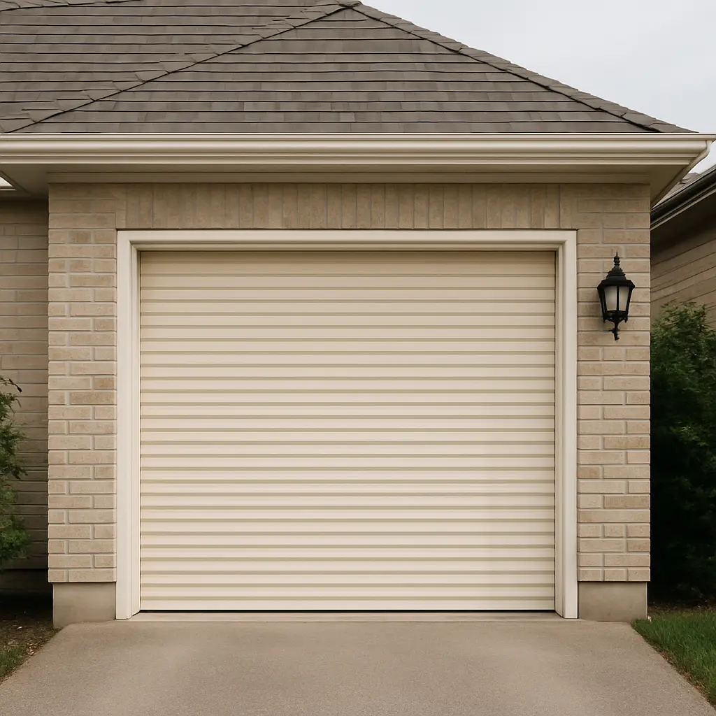 Beige roll-up garage door on a brick wall with a lamp.