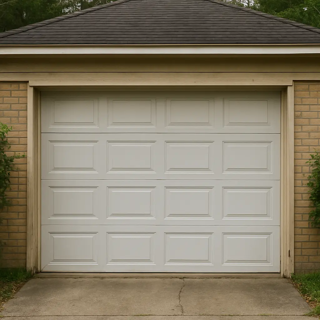 White sectional garage door with rectangular panels, set against a brick wall.