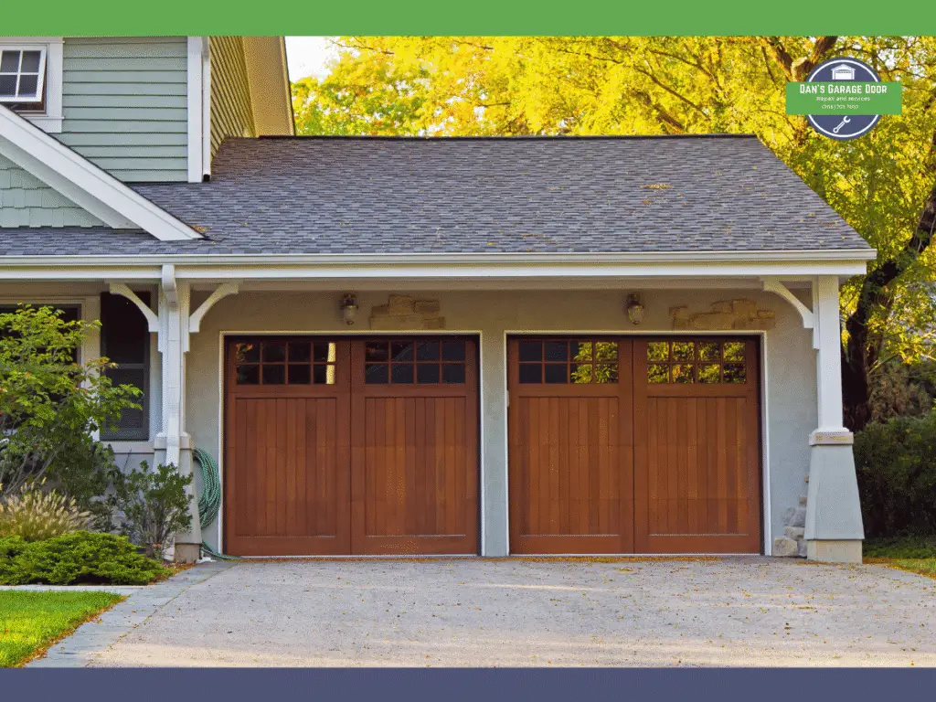 Two wooden garage doors with rectangular panels, set in a house facade.