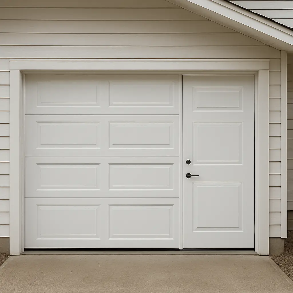 White garage door with a side pedestrian door, both featuring panel designs.