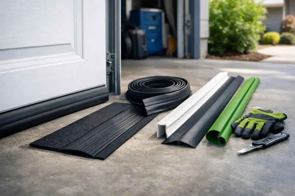 Various garage door weatherstripping materials and tools, including black and green seals, gloves, and a utility knife.