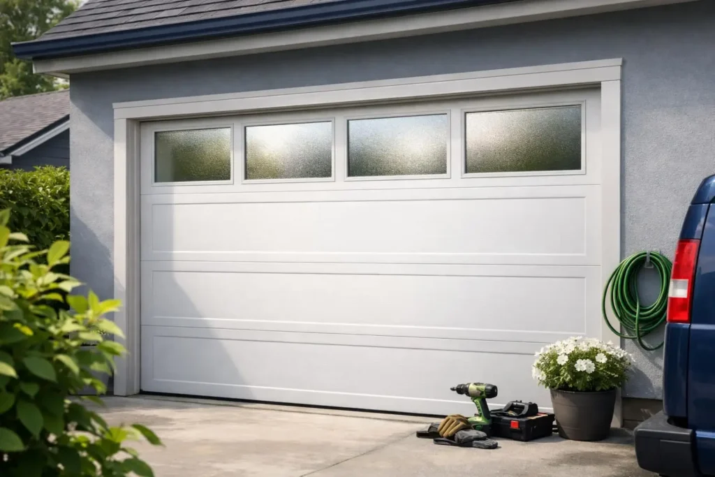 White garage door with three frosted windows, surrounded by greenery and tools on the ground.