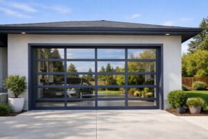Modern full-view glass garage door with dark frame and car inside.