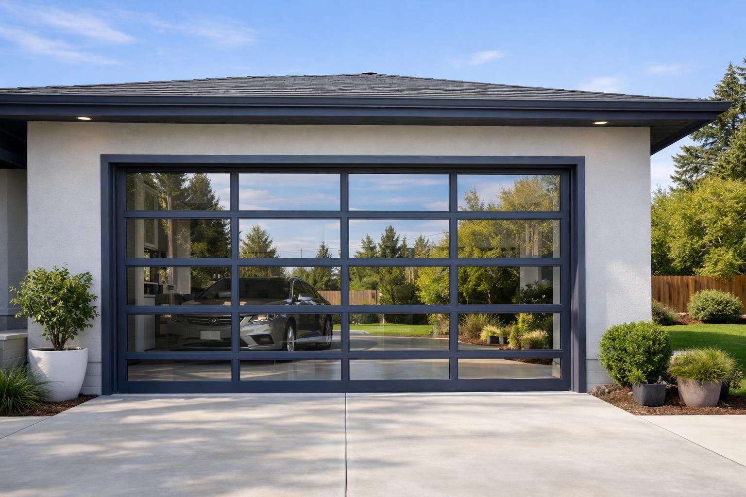 Modern glass garage door with car inside