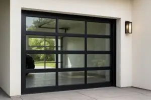 Modern black garage door with multiple glass panels.