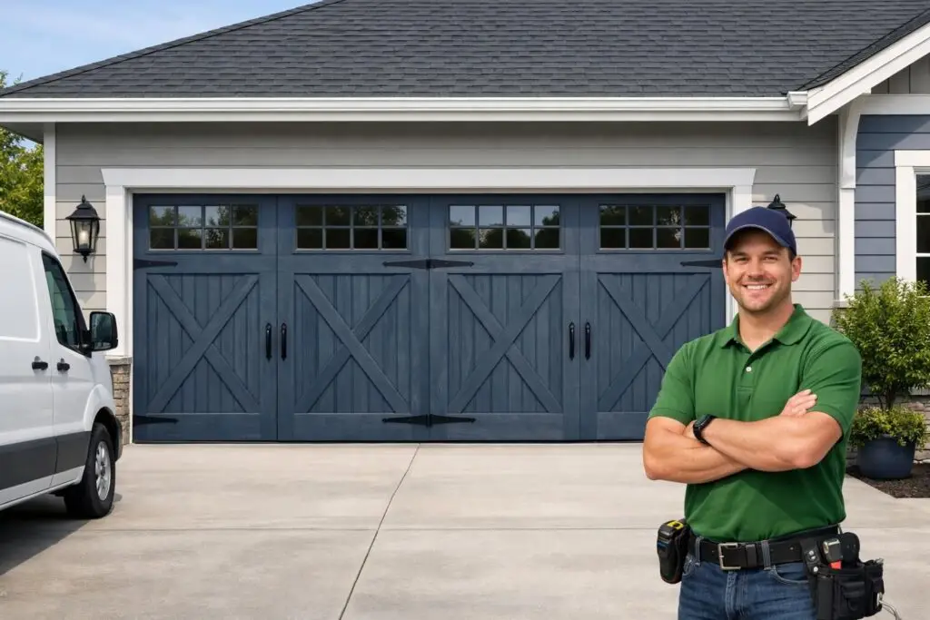 Smiling man in green shirt stands in front of blue garage doors.