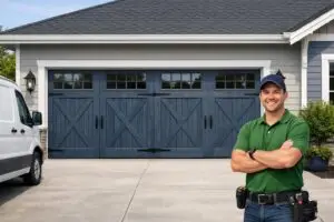Smiling man in green shirt stands in front of blue garage doors.