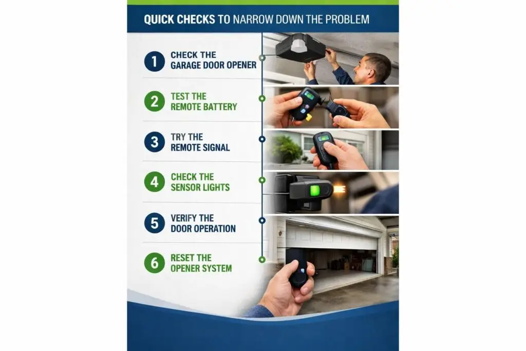 Infographic listing six quick checks for garage door remote issues