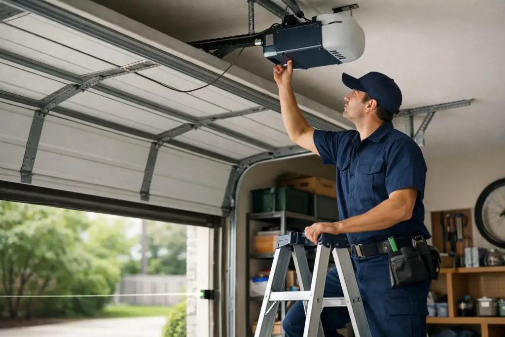 Technician on ladder adjusting ceiling-mounted garage door opener