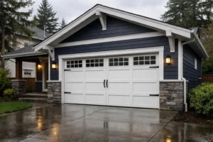 White double garage door on blue house, wet driveway