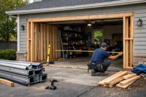 Worker kneeling, measuring width of garage door opening