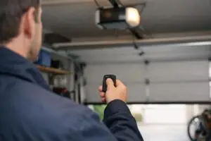 Hand holding black garage door remote facing open door