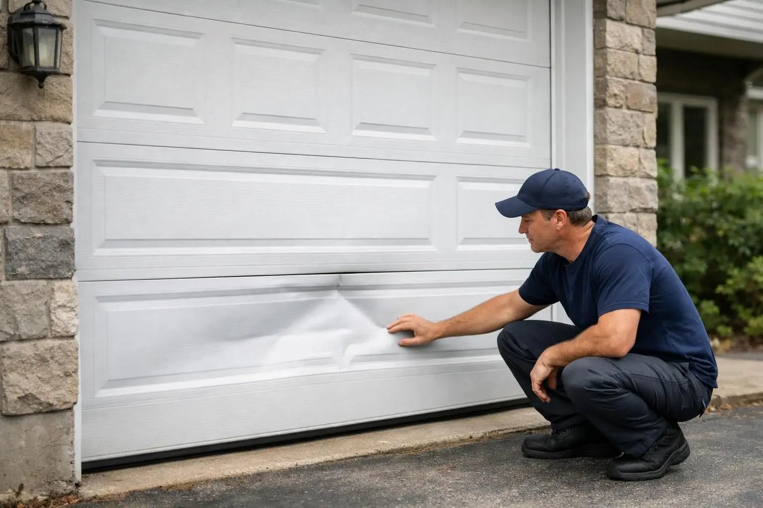 Man inspecting a dented white garage door panel