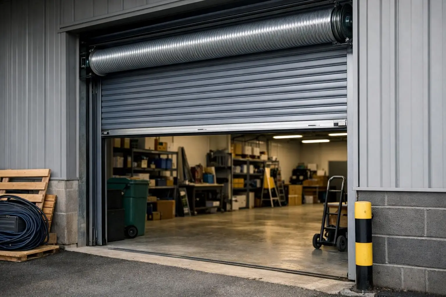 Open roll-up garage door leading into a warehouse interior