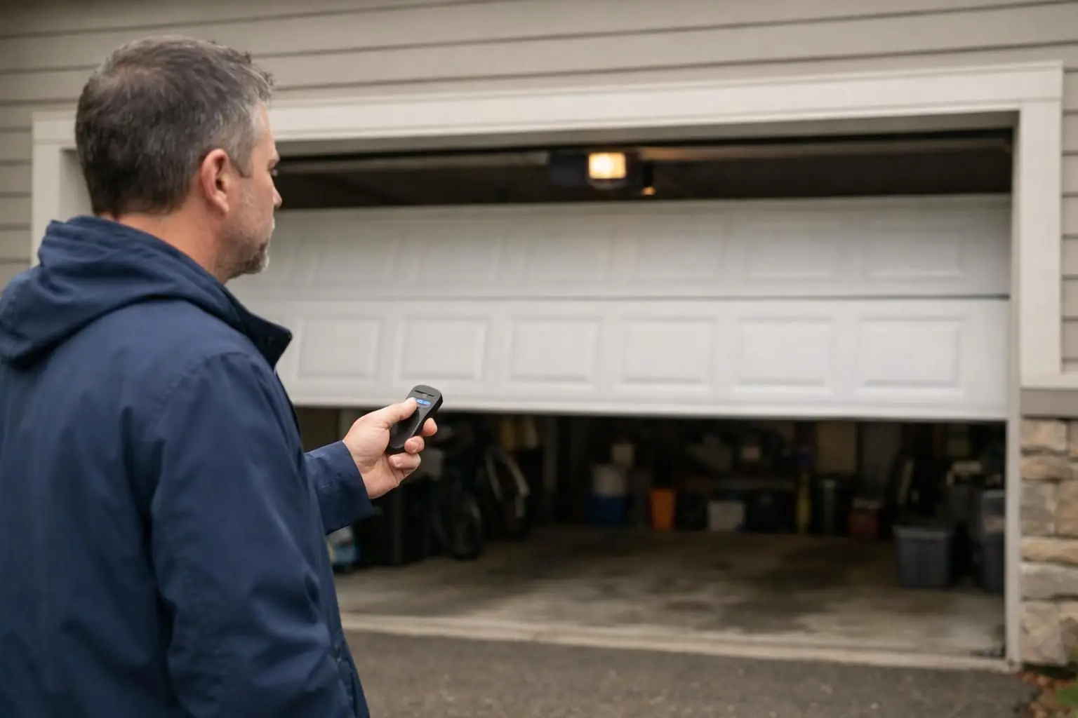 Man holding a remote facing a partially open garage door