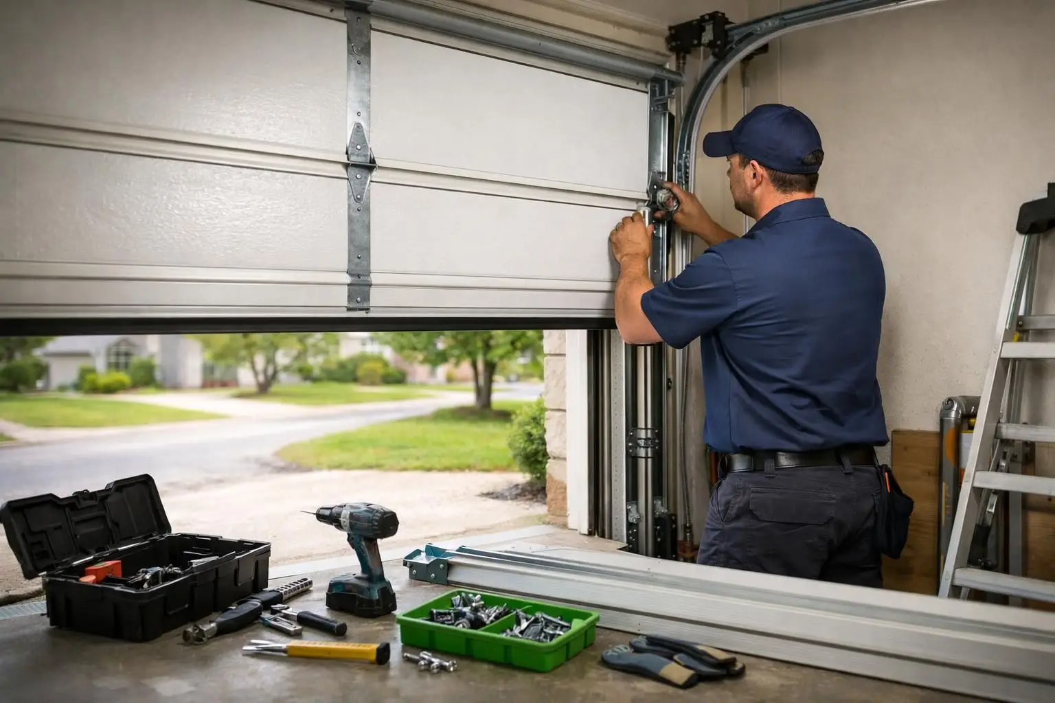 Technician adjusting garage door hardware with tools nearby