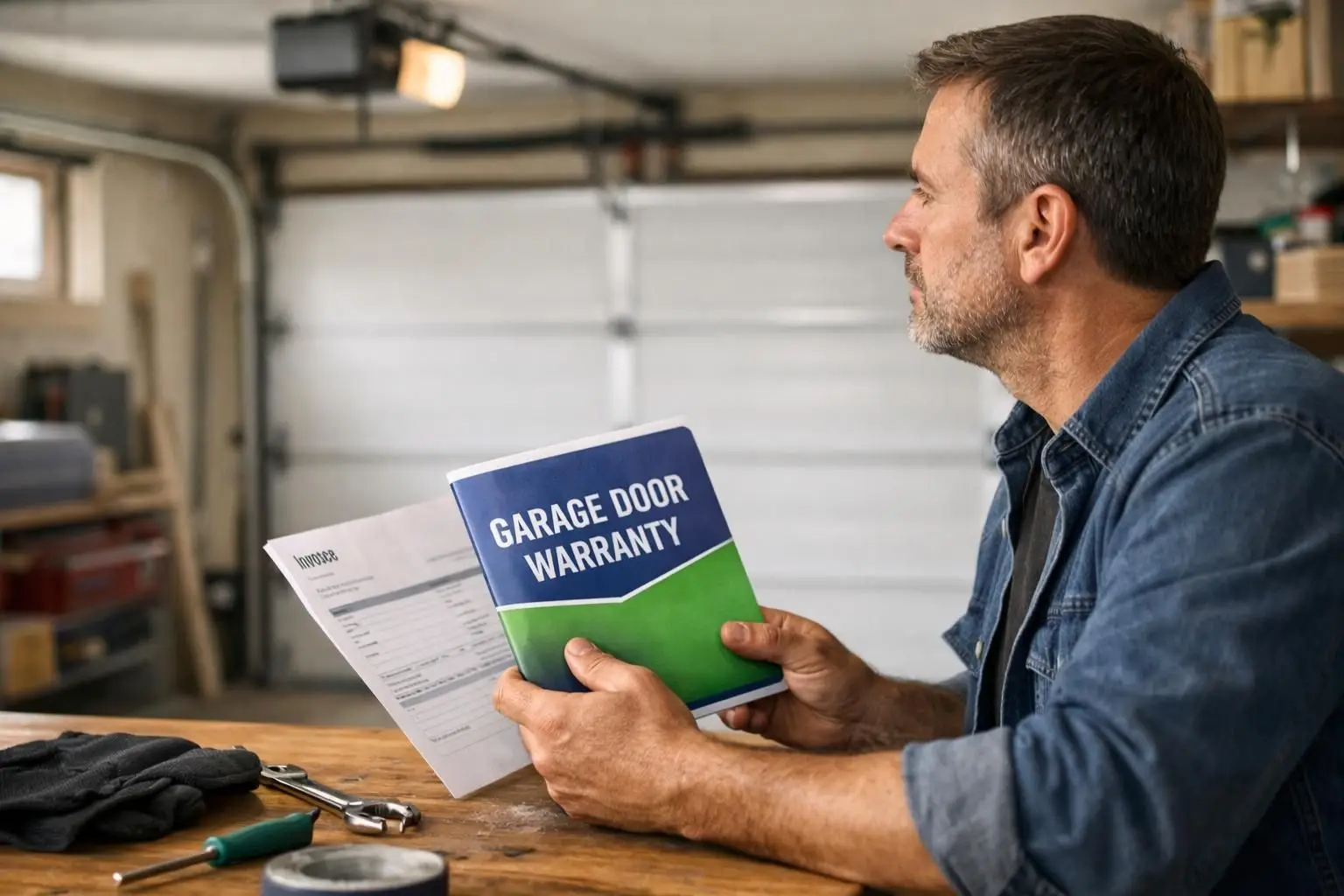 Man reading a garage door warranty booklet and invoice in garage