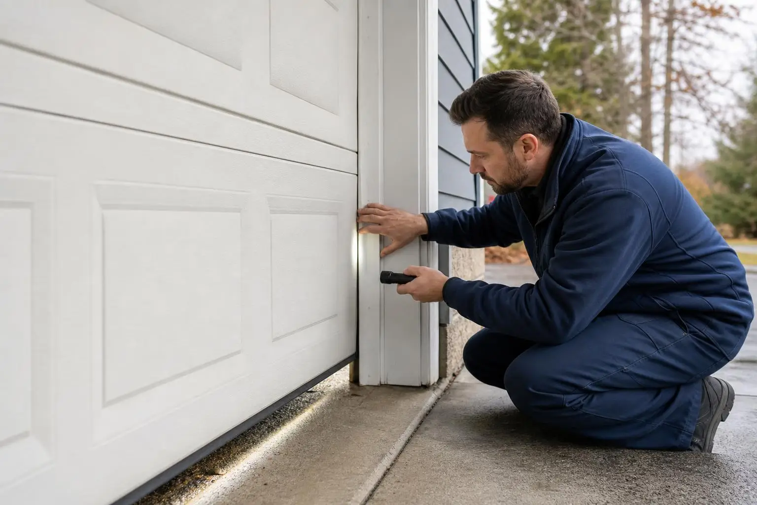 Man kneeling and inspecting a garage door side gap with a flashlight