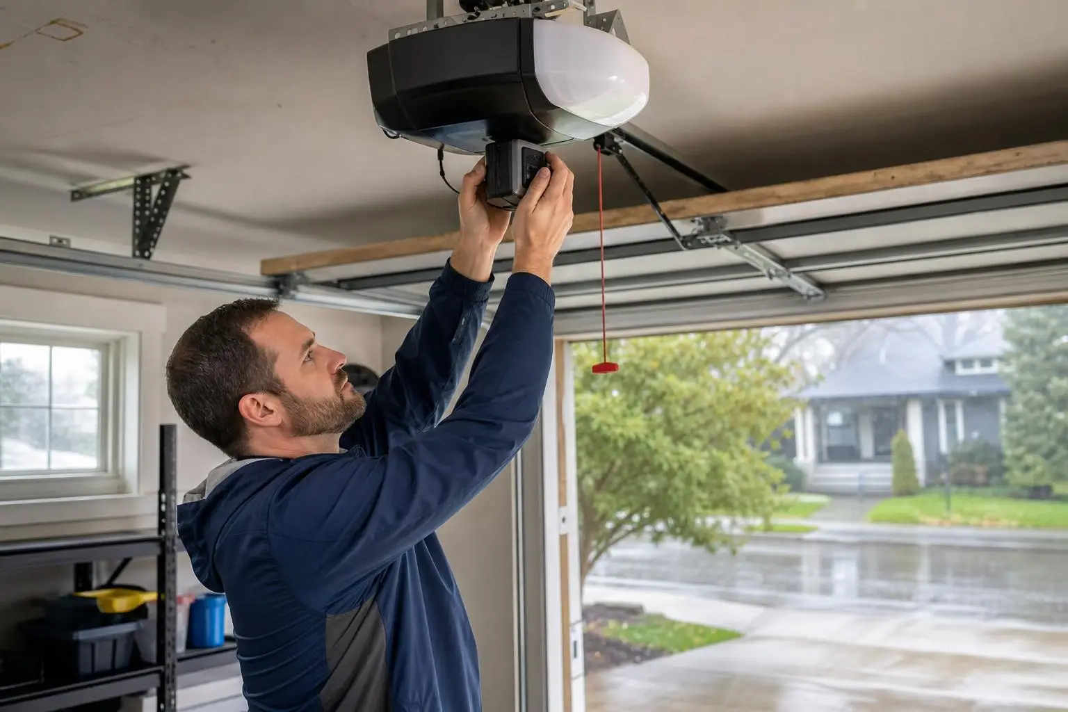 Man adjusting a ceiling-mounted garage door opener battery backup