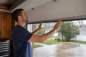 Man holding partially open garage door with both hands