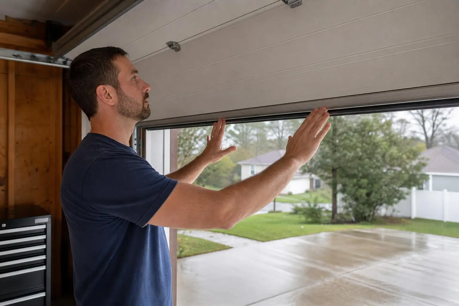 Man testing a garage door balance with raised hands