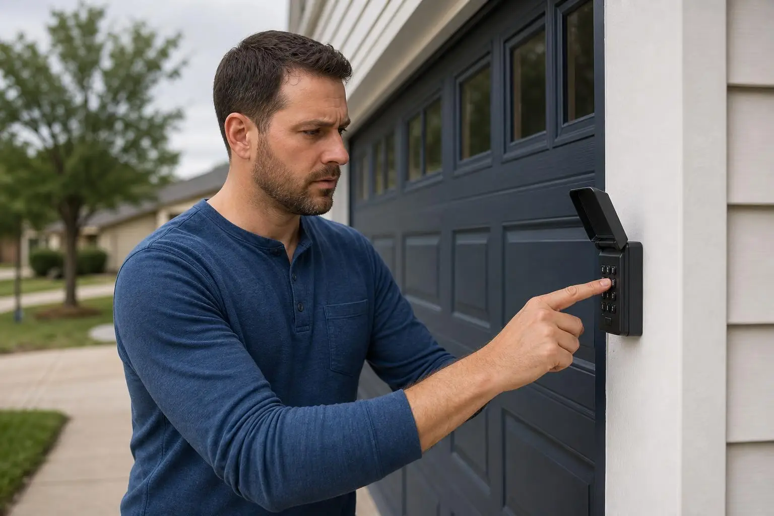 Man pressing buttons on garage door keypad