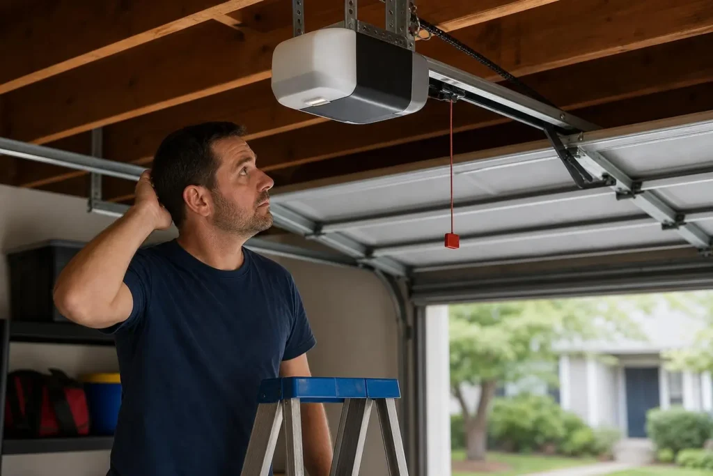 Man on ladder looking at garage door opener motor