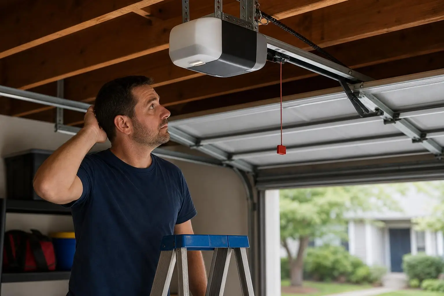 Man on ladder inspecting garage door opener