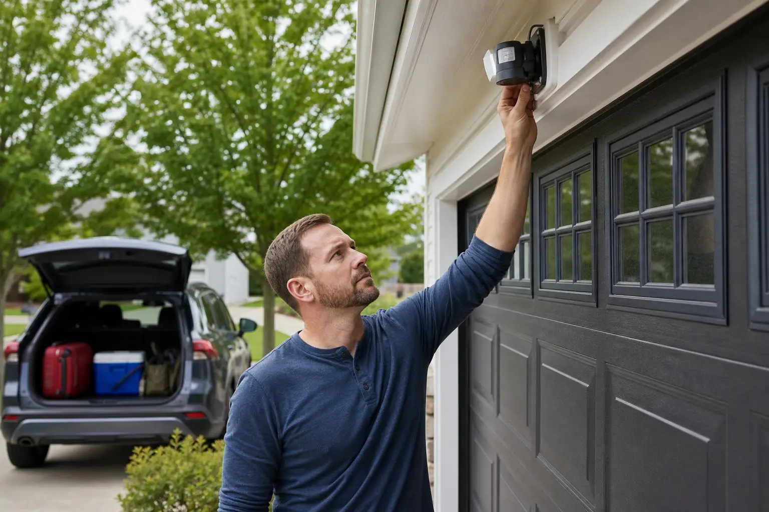 Man installing a black security light above garage door
