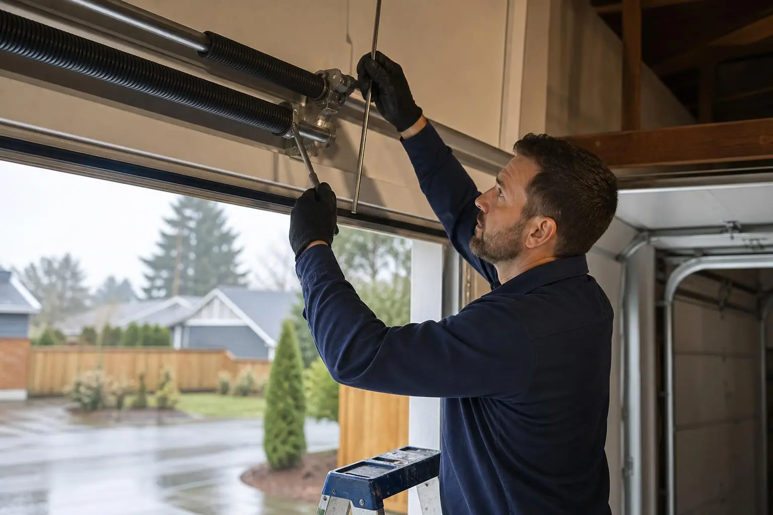 Technician adjusting garage door torsion spring with wrench