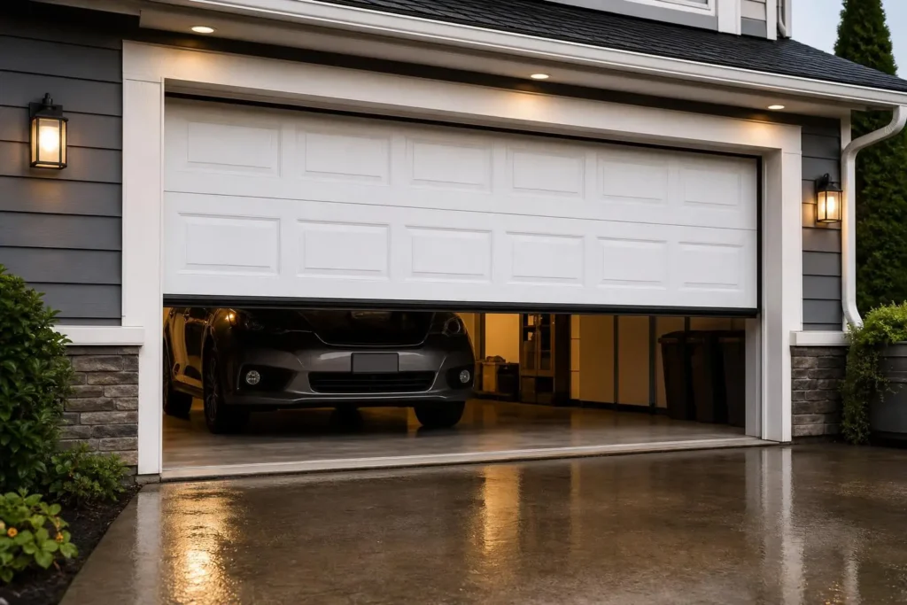 White garage door partially open with car inside garage