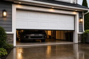 White garage door partially open with car inside garage