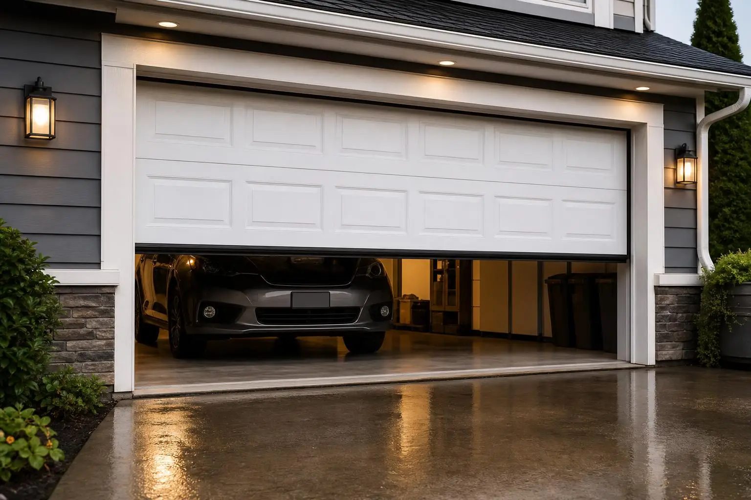 Partially open white garage door with car inside