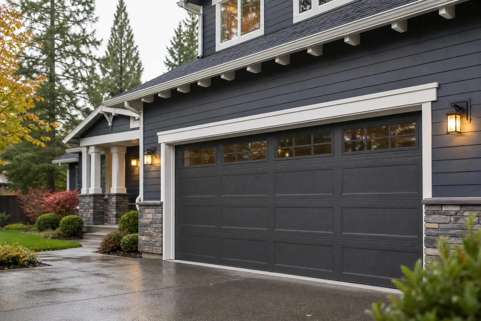 Dark gray garage door on a modern house