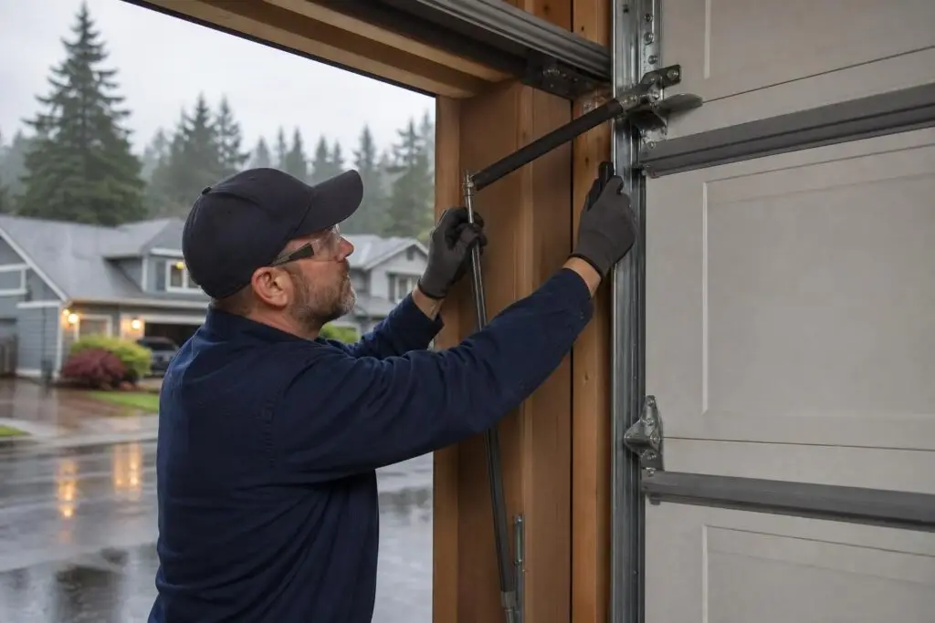 Technician adjusts garage door track with wrench and strut