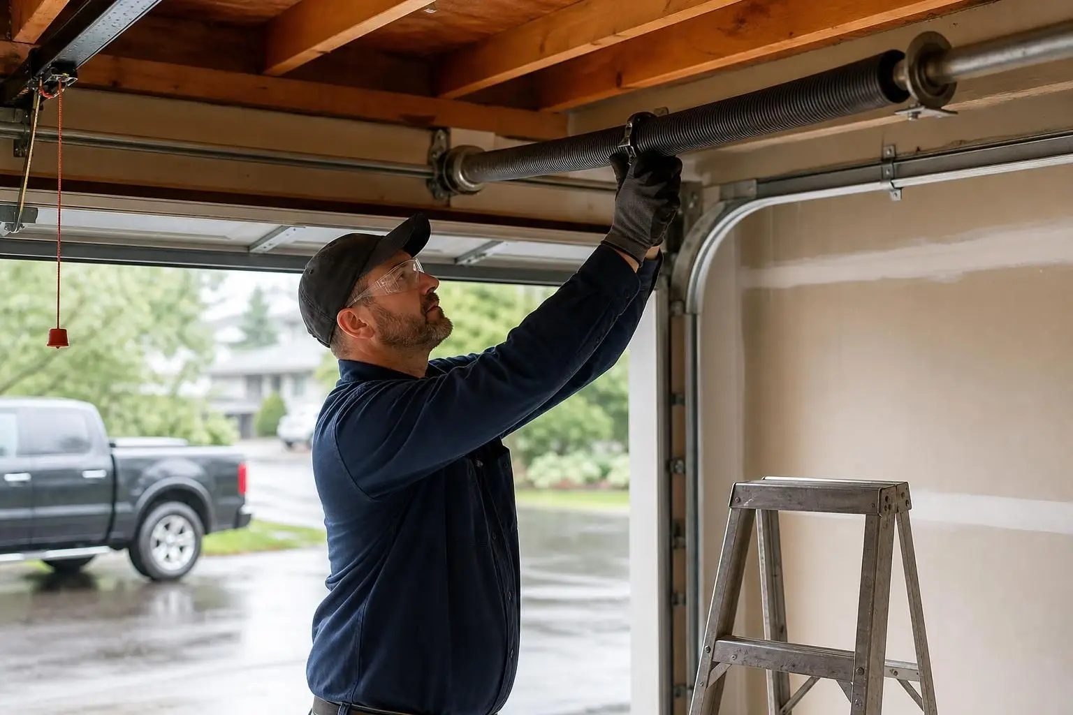 Technician adjusting a garage door torsion spring near a ladder