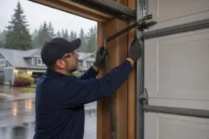 Technician adjusts garage door track with wrench and strut