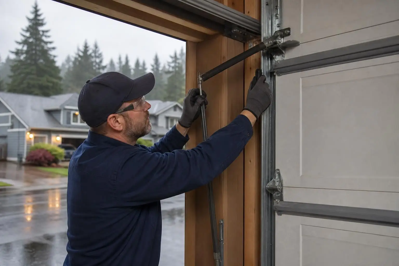 Technician installing a black reinforcement strut on a garage door