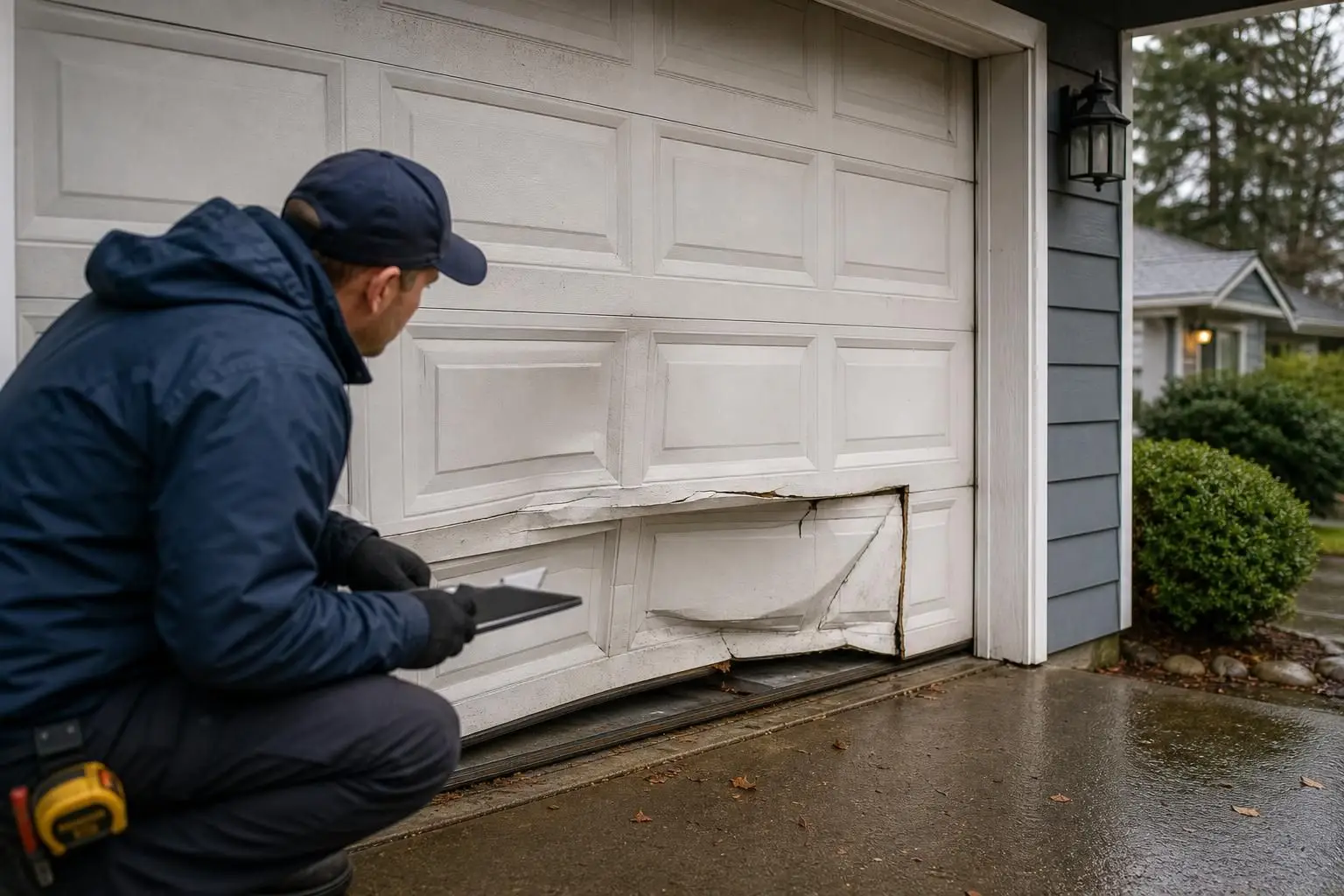 Technician inspecting a damaged white garage door panel