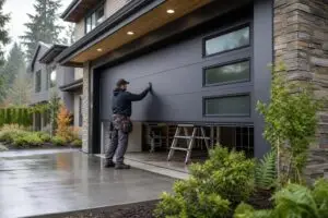 Installer adjusts a black garage door beside a ladder
