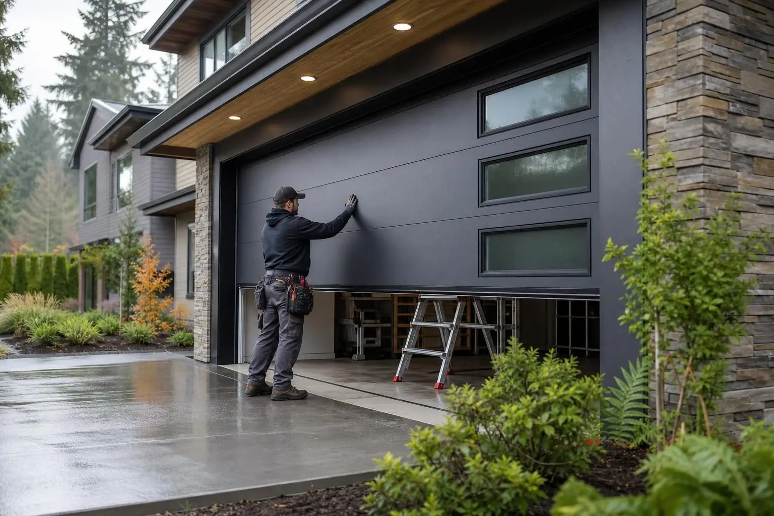 Technician installing a black garage door with windows