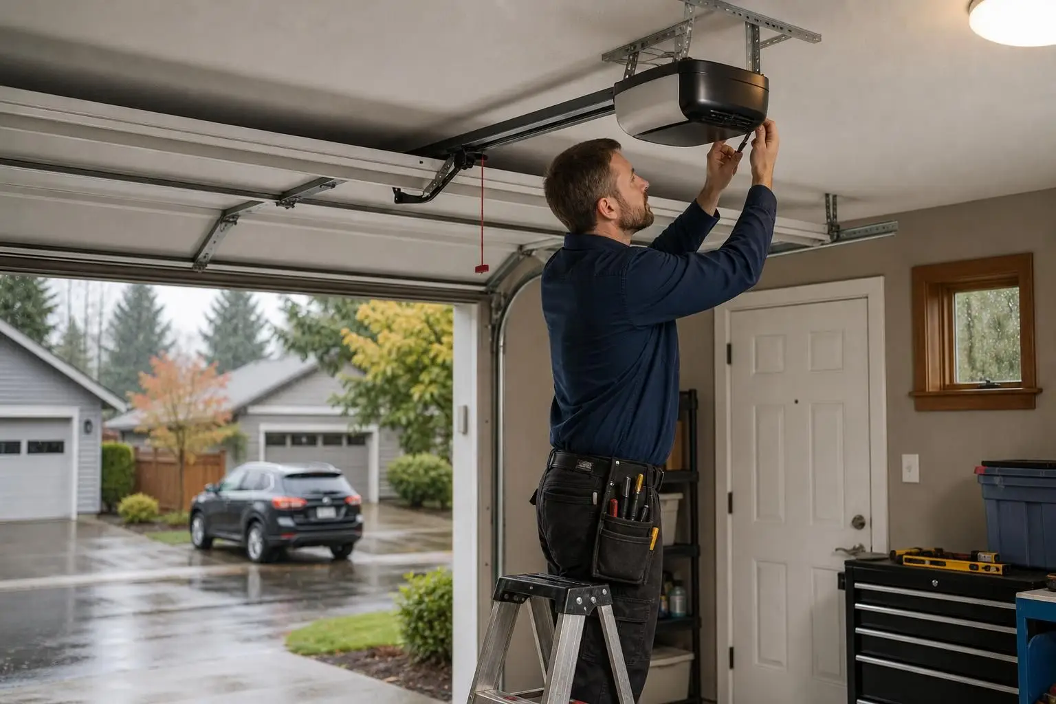 Technician adjusting a garage door opener on a ladder