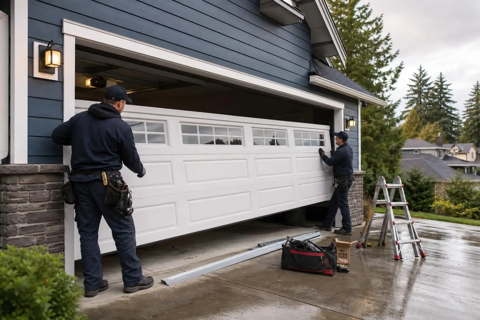 Two technicians installing a white garage door at an open garage