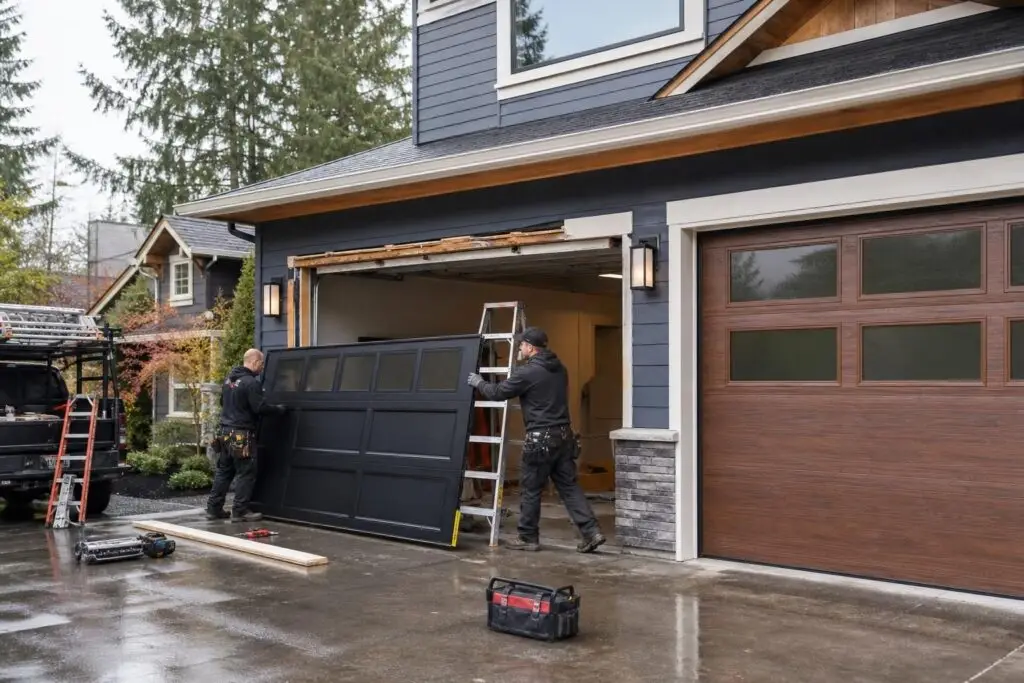 Technicians install a black garage door with ladder and tools